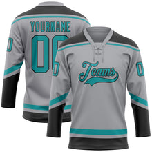 Load image into Gallery viewer, Custom Gray Teal-Black Hockey Lace Neck Jersey
