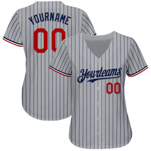 Load image into Gallery viewer, Custom Gray Navy Pinstripe Red-White Authentic Baseball Jersey
