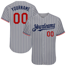 Load image into Gallery viewer, Custom Gray Navy Pinstripe Red-White Authentic Baseball Jersey
