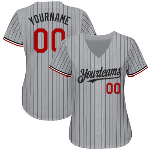 Custom Gray Black Pinstripe Red-White Authentic Baseball Jersey