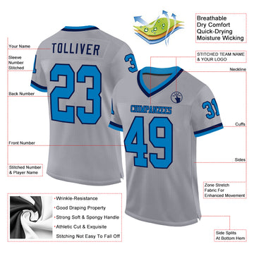 Custom Gray Blue-Navy Mesh Authentic Throwback Football Jersey