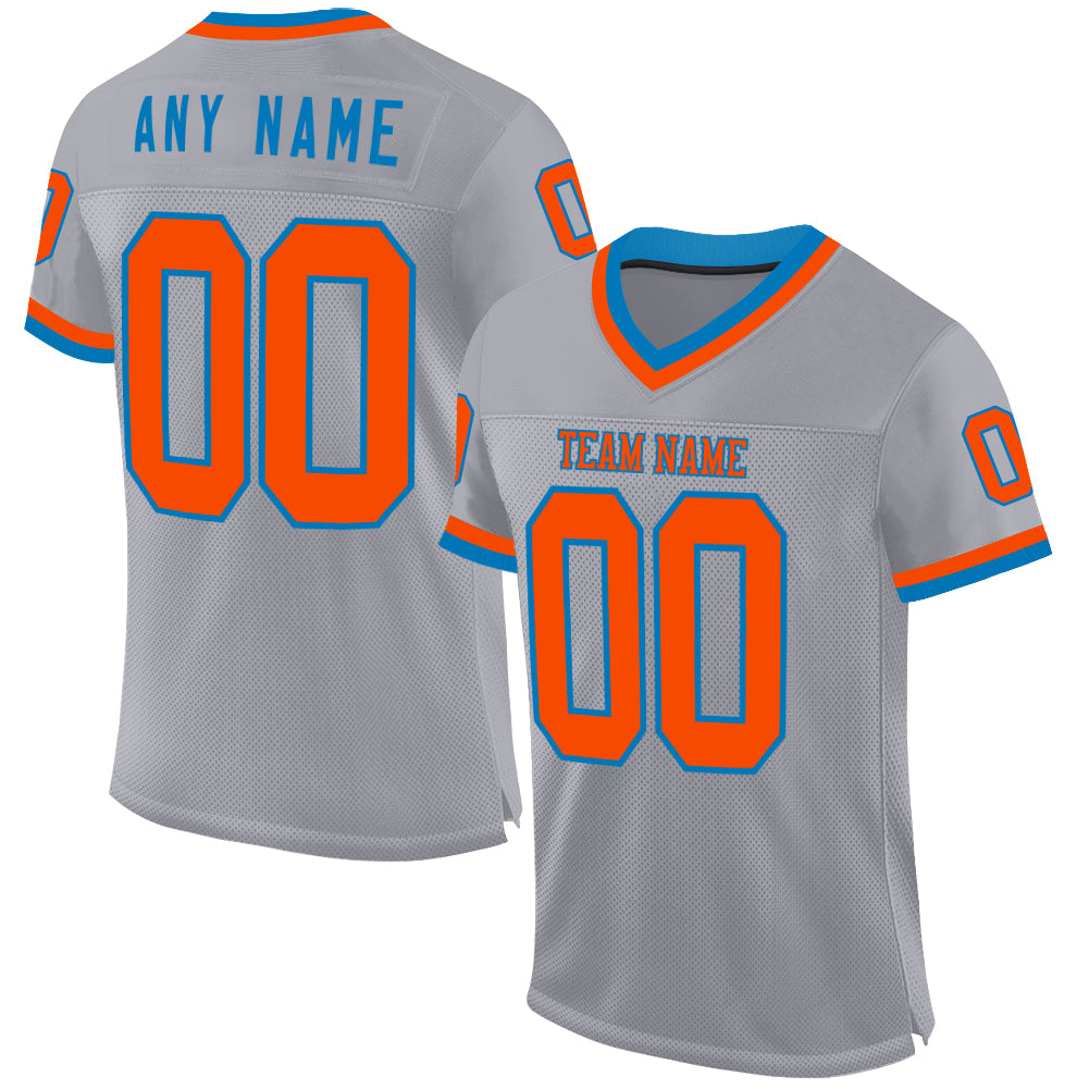 Custom Gray Orange-Blue Mesh Authentic Throwback Football Jersey