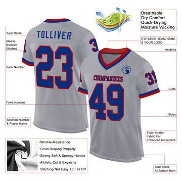 Custom Gray Royal-Red Mesh Authentic Throwback Football Jersey