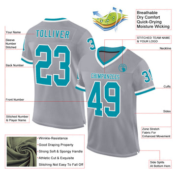 Custom Gray Teal-White Mesh Authentic Throwback Football Jersey