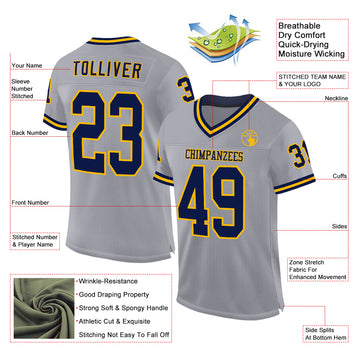 Custom Gray Navy-Gold Mesh Authentic Throwback Football Jersey