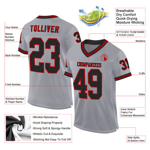 Custom Gray Black-Red Mesh Authentic Throwback Football Jersey