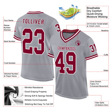 Custom Gray Maroon-White Mesh Authentic Throwback Football Jersey