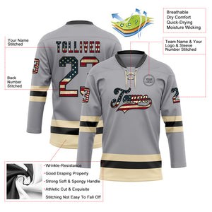 Custom Gray Vintage USA Flag Black-Cream Hockey Lace Neck Jersey