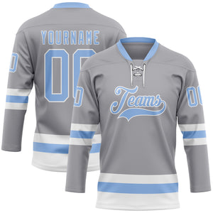 Custom Gray Light Blue-White Hockey Lace Neck Jersey