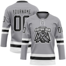 Load image into Gallery viewer, Custom Gray Black-White Hockey Lace Neck Jersey
