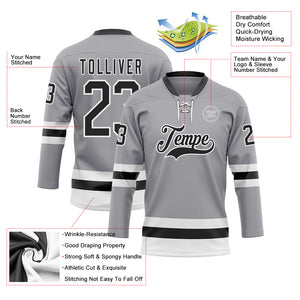 Custom Gray Black-White Hockey Lace Neck Jersey