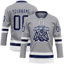 Load image into Gallery viewer, Custom Gray Navy-White Hockey Lace Neck Jersey
