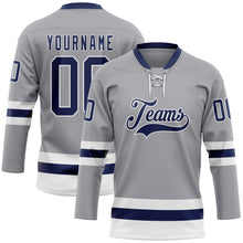 Load image into Gallery viewer, Custom Gray Navy-White Hockey Lace Neck Jersey
