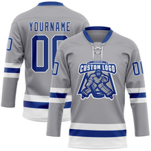 Load image into Gallery viewer, Custom Gray Royal-White Hockey Lace Neck Jersey
