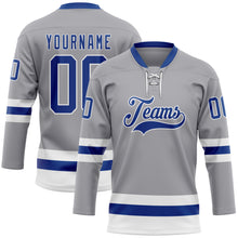 Load image into Gallery viewer, Custom Gray Royal-White Hockey Lace Neck Jersey
