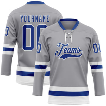 Custom Gray Royal-White Hockey Lace Neck Jersey