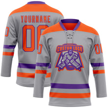 Load image into Gallery viewer, Custom Gray Orange-Purple Hockey Lace Neck Jersey
