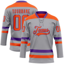 Load image into Gallery viewer, Custom Gray Orange-Purple Hockey Lace Neck Jersey
