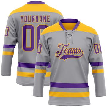 Custom Gray Purple-Gold Hockey Lace Neck Jersey