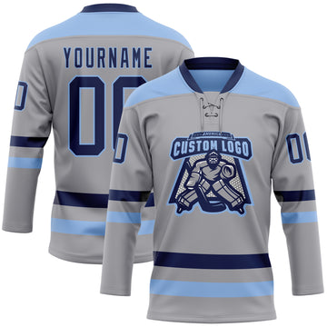 Custom Gray Navy-Light Blue Hockey Lace Neck Jersey