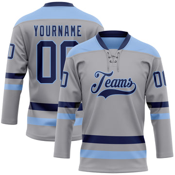 Custom Gray Navy-Light Blue Hockey Lace Neck Jersey