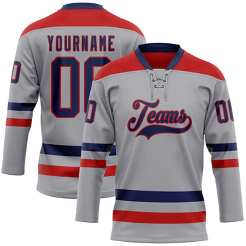 Custom Gray Navy-Red Hockey Lace Neck Jersey