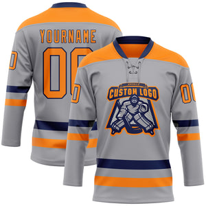 Custom Gray Bay Orange-Navy Hockey Lace Neck Jersey