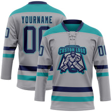 Load image into Gallery viewer, Custom Gray Navy-Teal Hockey Lace Neck Jersey
