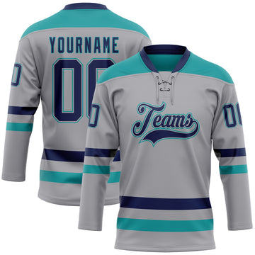 Custom Gray Navy-Teal Hockey Lace Neck Jersey