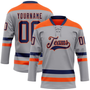 Custom Gray Navy-Orange Hockey Lace Neck Jersey