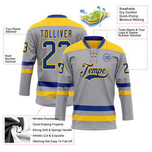 Custom Gray Royal-Yellow Hockey Lace Neck Jersey