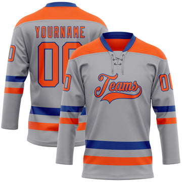 Custom Gray Orange-Royal Hockey Lace Neck Jersey