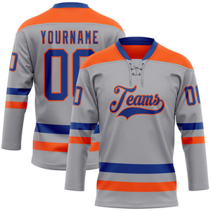 Custom Gray Royal-Orange Hockey Lace Neck Jersey