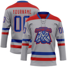 Load image into Gallery viewer, Custom Gray Royal-Red Hockey Lace Neck Jersey
