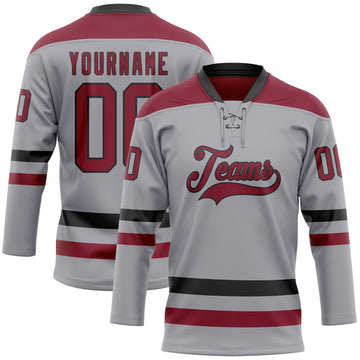 Custom Gray Crimson-Black Hockey Lace Neck Jersey