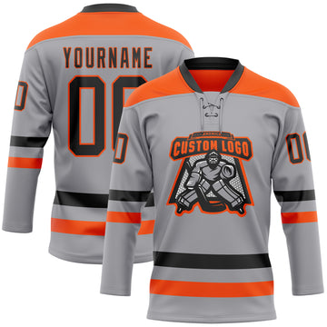 Custom Gray Black-Orange Hockey Lace Neck Jersey