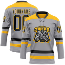 Load image into Gallery viewer, Custom Gray Black-Gold Hockey Lace Neck Jersey
