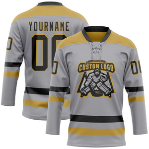 Custom Gray Black-Old Gold Hockey Lace Neck Jersey