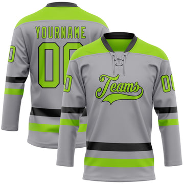 Custom Gray Neon Green-Black Hockey Lace Neck Jersey