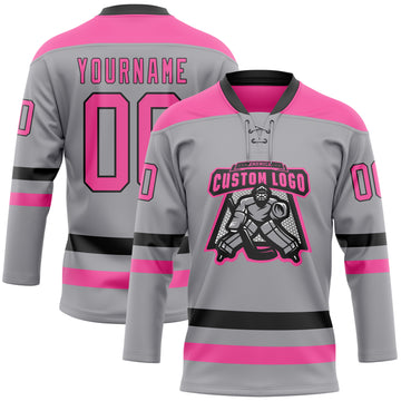 Custom Gray Pink-Black Hockey Lace Neck Jersey