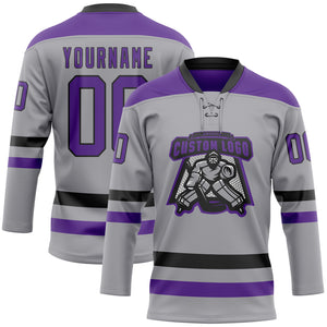 Custom Gray Purple-Black Hockey Lace Neck Jersey