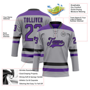 Custom Gray Purple-Black Hockey Lace Neck Jersey