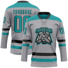 Load image into Gallery viewer, Custom Gray Teal-Black Hockey Lace Neck Jersey
