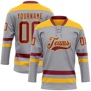 Custom Gray Crimson-Gold Hockey Lace Neck Jersey