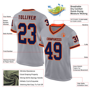 Custom Gray Navy-Orange Mesh Authentic Throwback Football Jersey