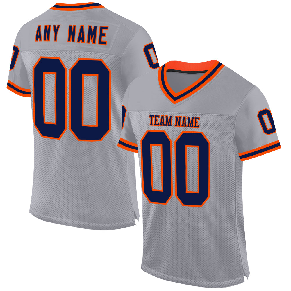 Custom Gray Navy-Orange Mesh Authentic Throwback Football Jersey