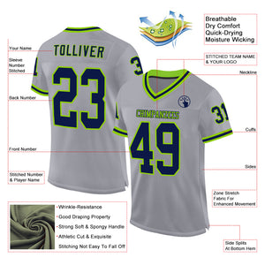 Custom Gray Navy-Neon Green Mesh Authentic Throwback Football Jersey