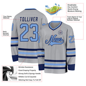 Custom Gray Light Blue-Navy Hockey Jersey