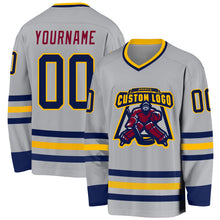 Load image into Gallery viewer, Custom Gray Navy Gold-Maroon Hockey Jersey
