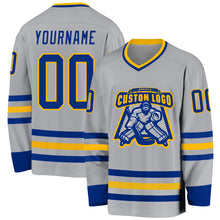 Load image into Gallery viewer, Custom Gray Royal-Gold Hockey Jersey
